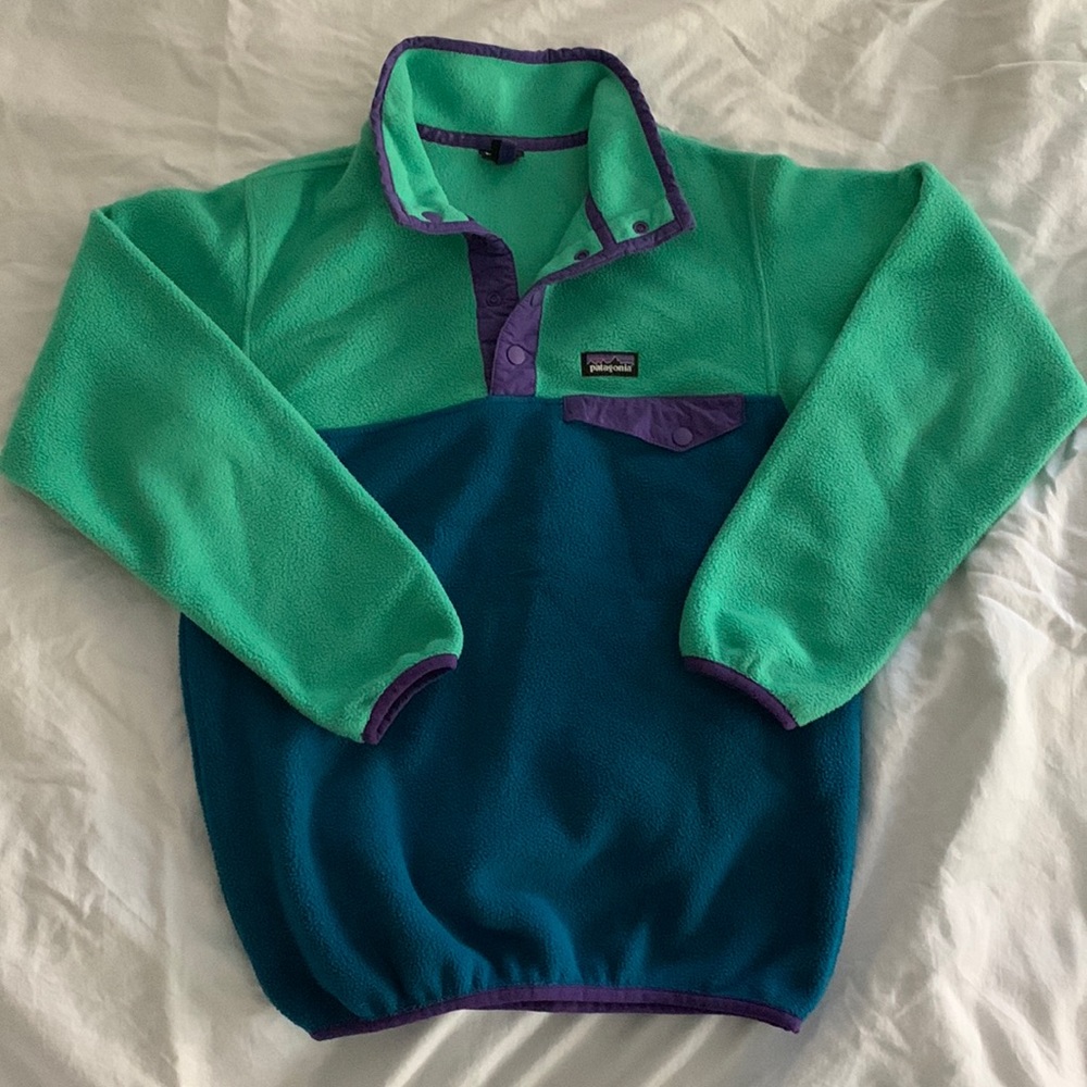 Patagonia Girls’ Synchilla Snap-T Pullover, size L (12), teal green purple
